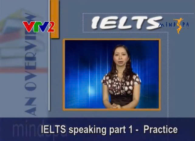 Cô Thúy dạy IELTS Speaking Part 1 trên VTV2, logo MINDSPA ở góc màn hình